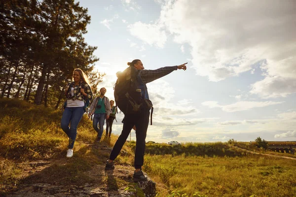 Mladí lidé s batohy procházky v lese — Stock fotografie