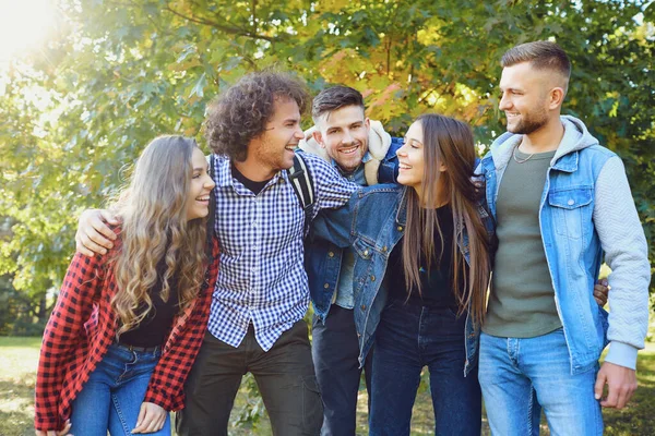 Un gruppo di amici felici cammina nel parco . — Foto Stock