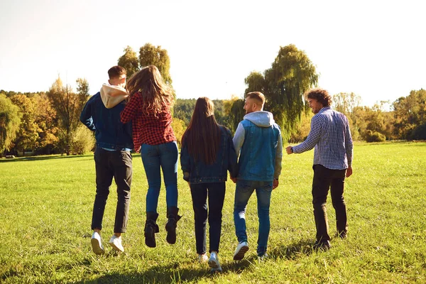 Happy friends walking on green meadow — Stockfoto