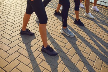 Legs of a group of sports people runners on a track in a park.