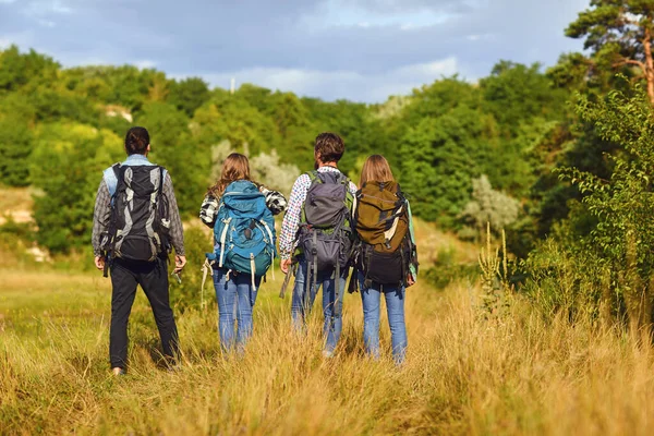 Young people with backpacks stand in the forest from behind.