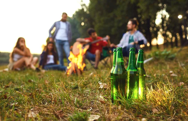 Bottiglie di birra sullo sfondo di amici vicino al falò su un picnic . — Foto Stock