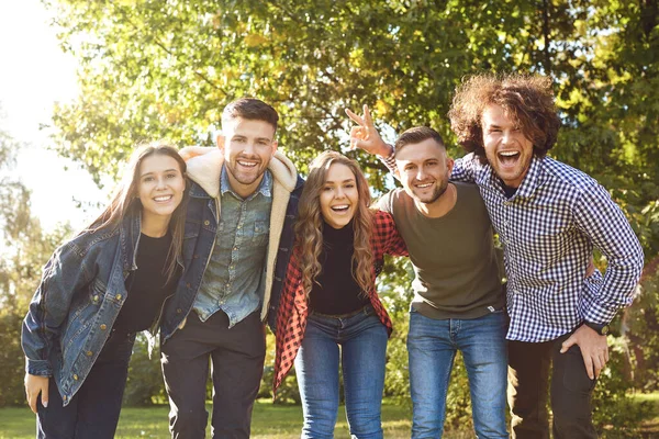 Gruppe glücklicher Freunde spaziert durch den Park. — Stockfoto