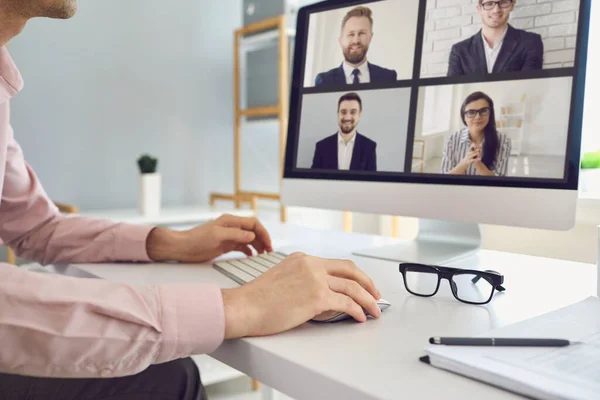 Online job business. Businesspeople work speak analyze analyze using computer call video chat sitting home office. — Stock Photo, Image