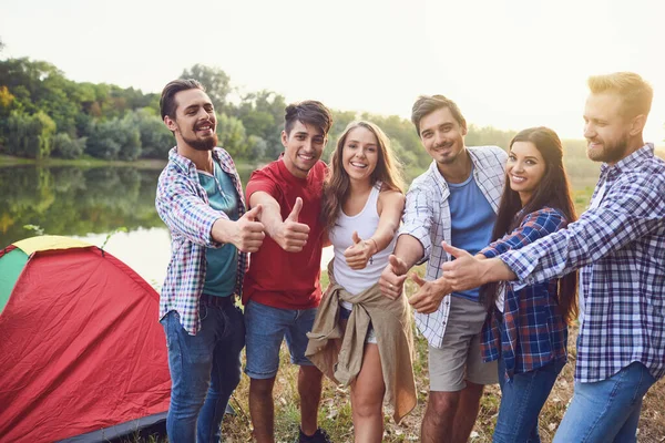 Skupina lidí, kteří se usmívají a stojí na pikniku — Stock fotografie