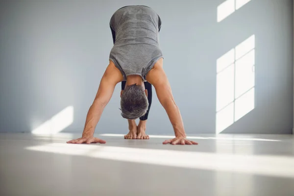 Hombre flexible de pelo gris practicando yoga en pose de perro en estudio moderno de luz —  Fotos de Stock