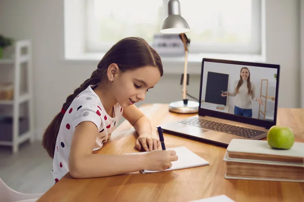 Online eğitim. Öğretmen çocuğa sohbet sınıfı görüntülü konuşma videosu konferansı öğretiyor. Küçük kız evde bir masada oturan bir dizüstü bilgisayarla ders veriyor.. — Stok fotoğraf