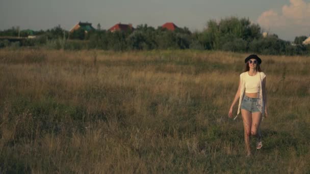 Młoda kobieta piękny model chodzenie na łące i z przyrodą — Wideo stockowe