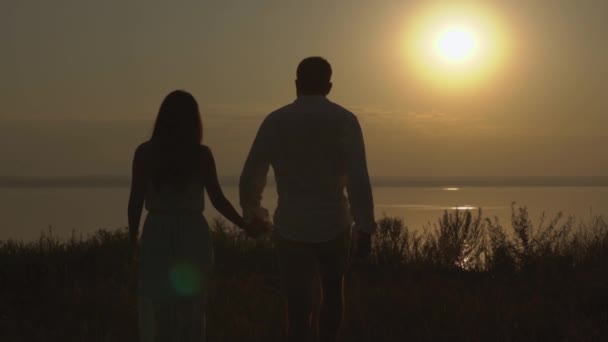 Ευτυχισμένο ζευγάρι περπάτημα στη φύση κοντά στη θάλασσα στο ηλιοβασίλεμα. Έννοια της αγάπης. — Αρχείο Βίντεο