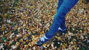 Adamın bacakları sonbahar yaprakları park yavaş çekimde yürürken kot Boots