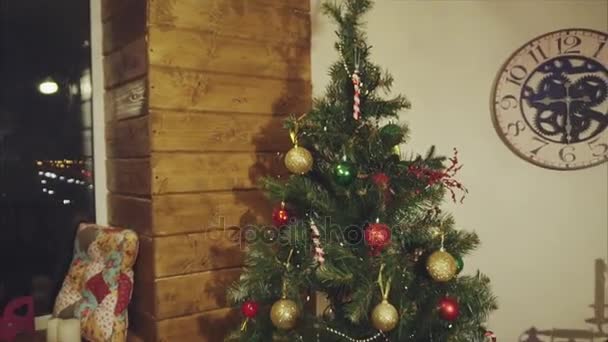 Schuss von Weihnachtsbaum und Ornamenten drinnen — Stockvideo