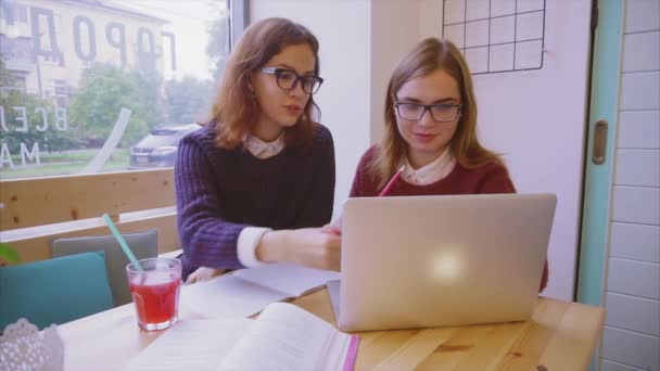 Female college students studies in the cafe two girls friends learning together — Stock Video