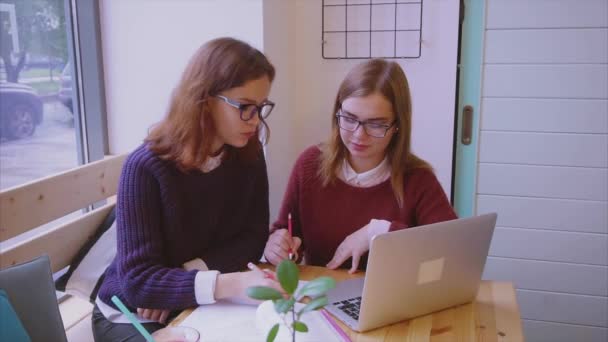 Estudiantes universitarias estudian en la cafetería dos amigas aprendiendo juntas — Vídeo de stock
