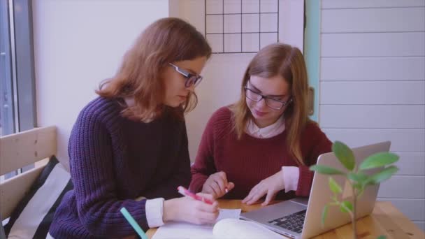 Estudiantes universitarias estudian en la cafetería dos amigas aprendiendo juntas — Vídeo de stock