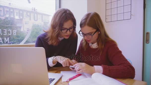 Vrouwelijke studenten studeren in het café twee meisjes vrienden leren samen — Stockvideo