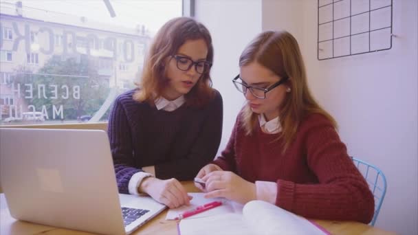 Ženské vysoké školy studenti studují v kavárně dvě dívky přátelé učení společně — Stock video
