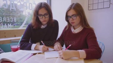 Bayan üniversite öğrencileri kafede okuyor. İki kız arkadaş birlikte öğreniyor.