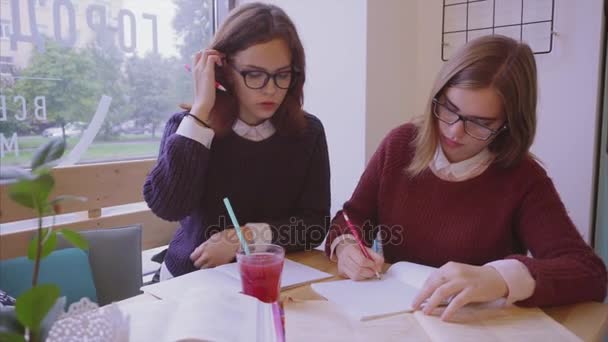 Estudantes universitárias estudam no café duas amigas aprendendo juntas — Vídeo de Stock