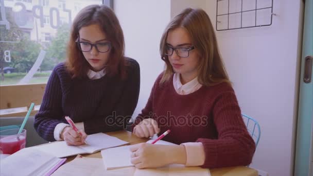 Студентки женского колледжа учатся в кафе, две подружки учатся вместе. — стоковое видео