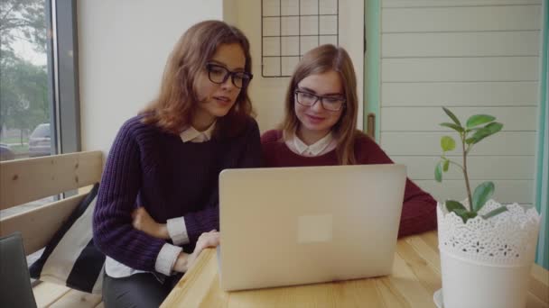 Dos chicas hablando con amigos a través de webchat o tener un chat de vídeo en la cafetería — Vídeos de Stock