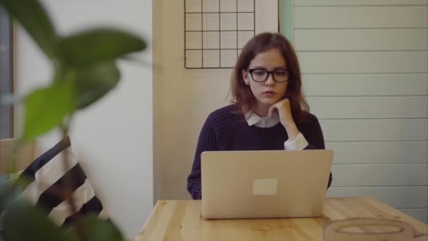 Gelukkig jonge vrouw met laptopcomputer in café — Stockvideo