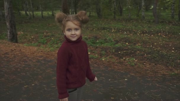 Портрет маленької милої усміхненої дівчинки в осінньому парку . — стокове відео