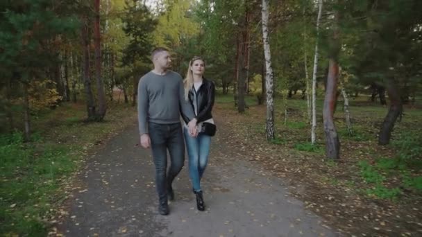 Pareja caminando en el parque de otoño — Vídeos de Stock