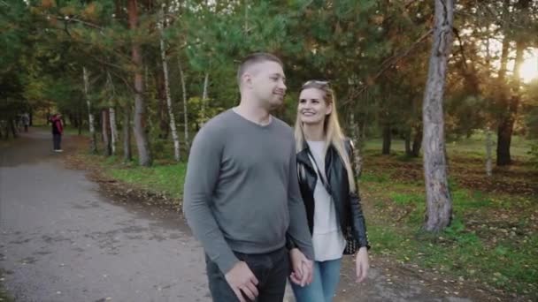 Pareja caminando en el parque de otoño — Vídeos de Stock