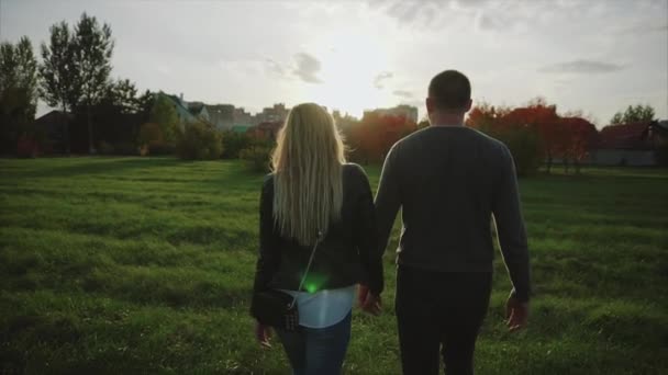 Pareja caminando en el parque de otoño — Vídeos de Stock