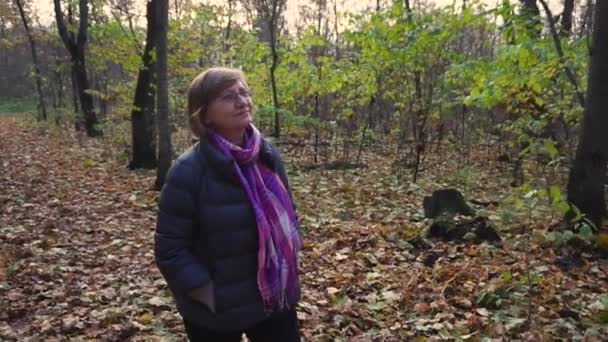 Mujer mayor pasa su tiempo libre caminando a través de un bosque de otoño . — Vídeos de Stock