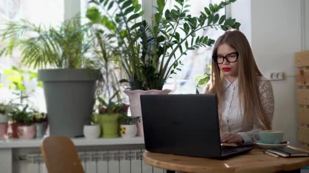 Jonge mooie zakenvrouw werken achter haar laptop in een lichte kamer. — Stockvideo