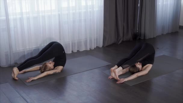 Maestri di yoga mostrano una serie complessa di esercizi da hatha yoga — Video Stock