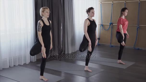 Las mujeres jóvenes realizan un equilibrio asan en una pierna, esto se llama Vrikshasana . — Vídeos de Stock