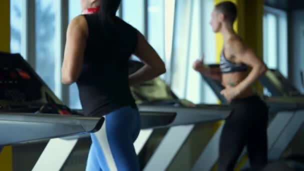 Verschillende vrouwen zijn actief op een loopband in de fitnessclub. — Stockvideo