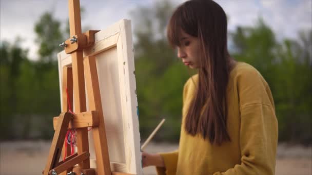 Personalidade criativa entusiasticamente desenha pinturas a óleo avant-garde ainda vida — Vídeo de Stock