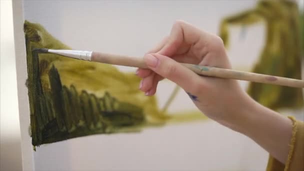 Close up view of drawing process. Female artist painting oil picture. — Stock Video