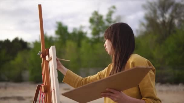 Жінка-художник малює на пленері — стокове відео