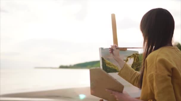 Mulher artista pintura paisagem ao ar livre — Vídeo de Stock