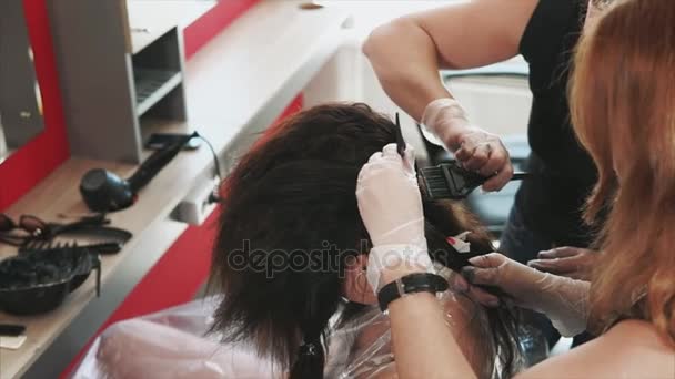 Hairdressers dye their hair with brushes and paint in the beauty salon — Stock Video