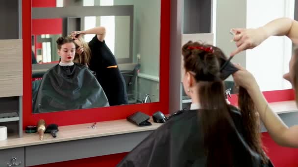 Parrucchiere donna condiviso lunghi capelli castani giovani visitatori del salone di bellezza — Video Stock