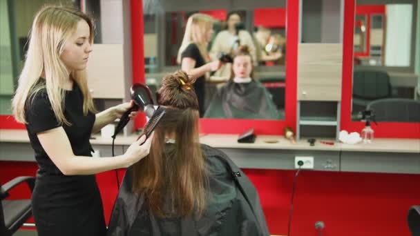 Een kapper kammen de kapsalon van de client met een haardroger en een kam haar — Stockvideo