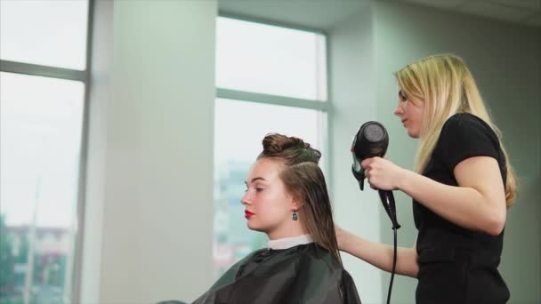 La peluquera rubia endereza su cabello mojado con un secador de pelo y peine — Vídeo de stock