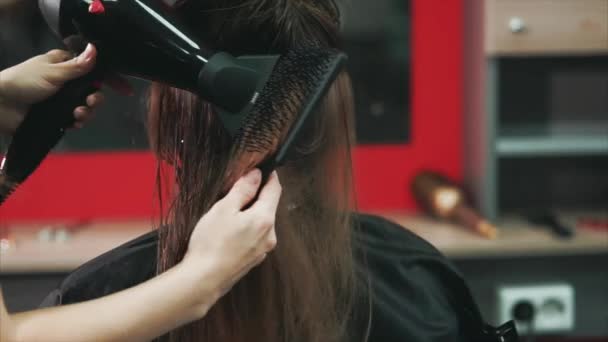 Trocknen und Frisieren im Friseursalon. Friseurin macht Frisur — Stockvideo