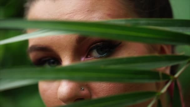 Close up view of beautiful young woman eyes behind the palm leaf. — Stock Video