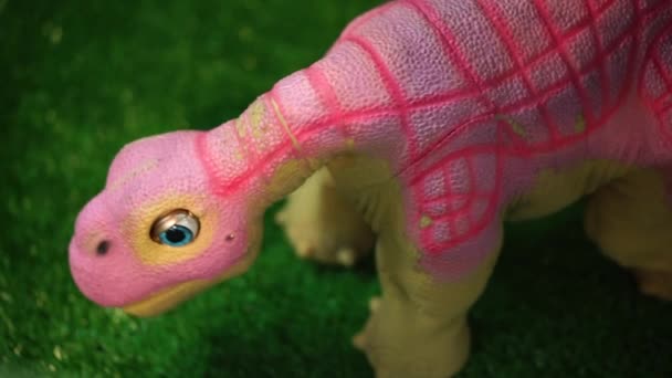 Togliatti, Rusland - 21 juli 2017: Roze speelgoed robot dinosaurus bewegen zijn hoofd en zijn ogen knipperen. — Stockvideo