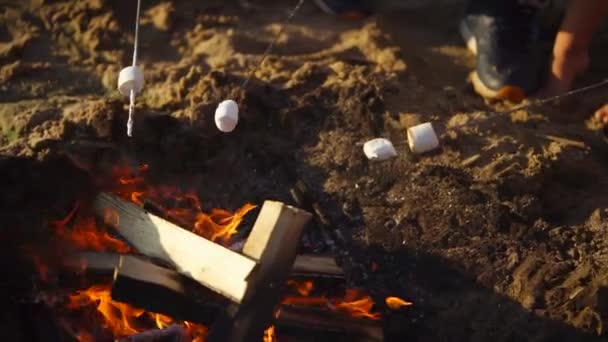 Detailní záběr záběr špejle s marshmallow, který vaří na ohni v letním dni — Stock video