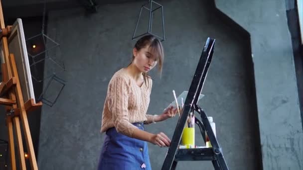 Giovane artista donna sta spremendo vernice da tubas a tavolozza in laboratorio . — Video Stock