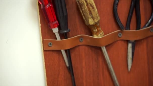 Board with tools for leathercraft — Stock Video