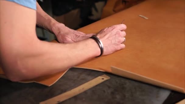 Leathercrafter usando modelo para marcar o detalhe do item — Vídeo de Stock