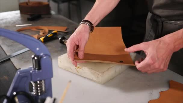 Hantverkare att göra läder notebook och placera snaps på omslaget — Stockvideo